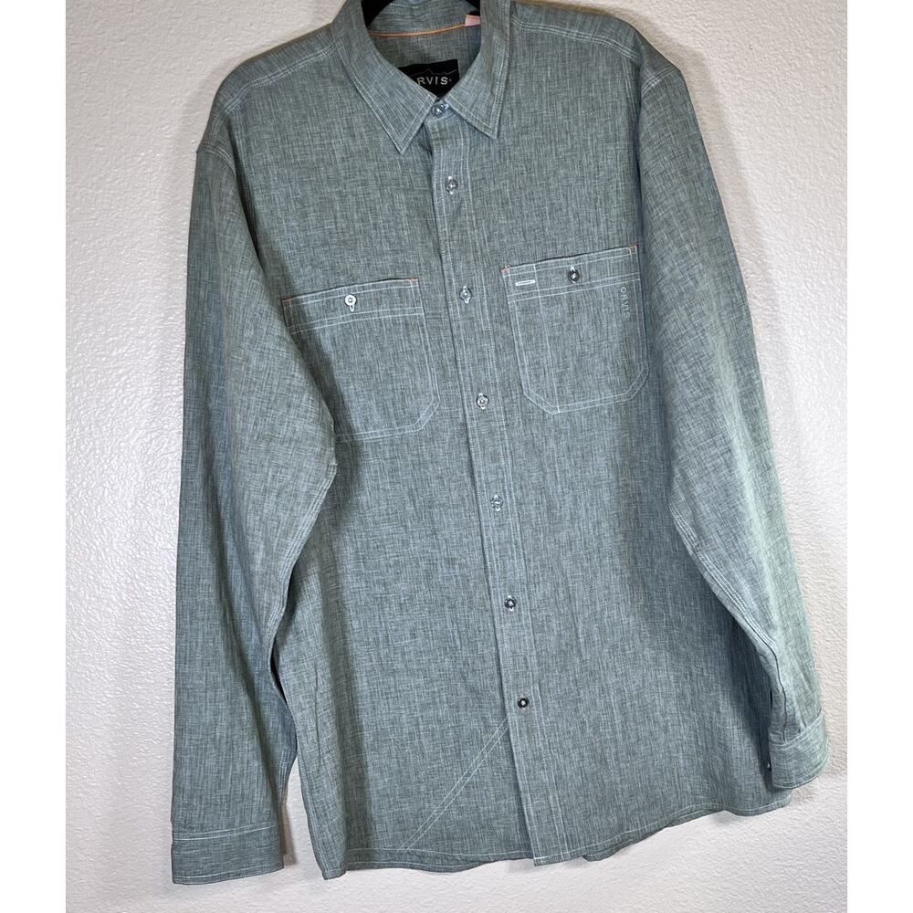 Orvis Men's Large Tall Green Chambray Tech LS Performance Work Shirt Button Up